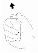 Una mano stringe un flaconcino di vetro con una freccia nera rivolta verso l'alto che indica la direzione di apertura del tappo