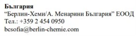 Bulgarian text with company name Berlin-Chemie A. Menarini Bulgaria EOOD, telephone number +359 2 454 0950 and email bcsofia@berlin-chemie.com