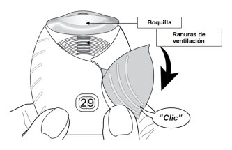 Diagram of a medical device indicating the mouthpiece, ventilation slots, and an arrow showing downward movement with a click sound