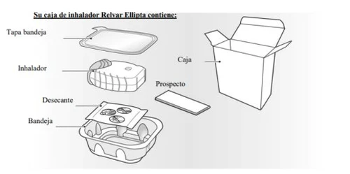 Diagramma dei componenti del confezionamento di Relvar Ellipta con coperchio, inalatore, foglietto illustrativo, essiccante e vassoio con base