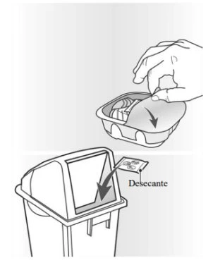Una mano getta una bustina di essiccante in un contenitore per lo smaltimento dei rifiuti con una freccia che indica il movimento verso il basso