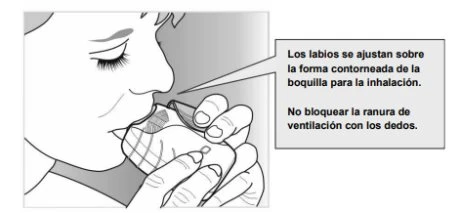 Disegno tecnico di una persona che posiziona le labbra sulla bocchetta di un inalatore tenendolo con entrambe le mani per l'inalazione