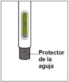 Disegno tecnico di una penna iniettiva bianca con finestra trasparente contenente liquido verde e protezione dell'ago