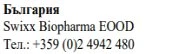Testo nero su fondo bianco con la scritta Bulgaria, il nome Swixx Biopharma EOOD e il numero di telefono +359 (0)2 4942 480