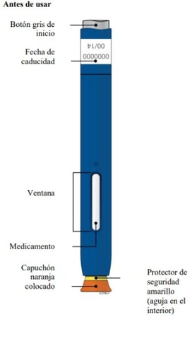 Diagramma di una penna iniettiva blu con pulsante grigio, data di scadenza, finestra di controllo, farmaco e cappuccio di sicurezza arancione