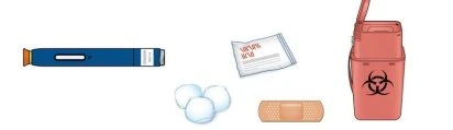 Penna iniettiva blu, bustina bianca, due batuffoli di cotone, cerotto color carne e contenitore per rifiuti biologici rosso