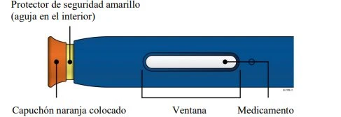 Diagramma di una penna iniettiva blu con tappo arancione, protezione gialla con ago interno, finestra trasparente e indicazione del farmaco