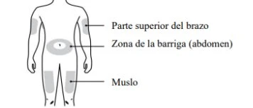 Diagramma del corpo umano che indica le zone di iniezione: parte superiore del braccio, zona dell'addome e cosce