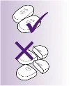 Disegno di due compresse intere con segno di spunta viola sopra e tre compresse spezzate con una croce viola sopra