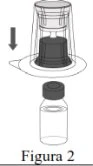 Diagram showing a transparent cap with a dark insert being lowered over a glass vial with a black stopper