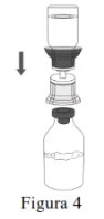 Diagram showing the downward movement of a container with liquid being attached to an underlying glass vial