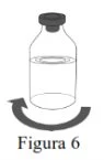 Schematic drawing of a glass vial containing a liquid, with a curved arrow underneath indicating rotational movement
