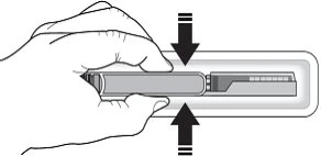 A hand holding an injection pen horizontally above a device, with two black arrows pointing toward the center of the