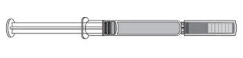 Technical black and white drawing of a horizontal syringe with plunger, cylindrical body, and a graduated section on the right side