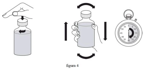 Tre illustrazioni mostrano una mano che svita un tappo, una mano che agita un flacone tra frecce verticali e un cronometro con freccia rotante