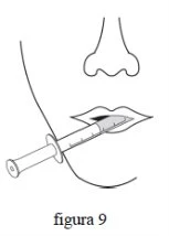 Disegno lineare di un volto che mostra il naso e le labbra con una siringa inserita orizzontalmente