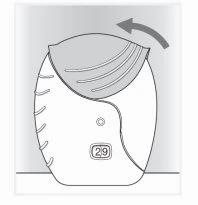 Technical drawing of a medical device with an upper cover being lifted upwards