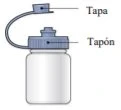Diagramma di un flacone medico con tappo superiore sollevato da un laccio e indicazione delle parti denominata tapa e tapón