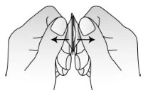 Two hands holding a vertical object between the fingers with black arrows indicating left and right lateral movement