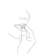 Thin line drawing of a hand holding a tablet near the open lips of a person ready to take the medication