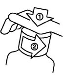 Disegno schematico che mostra una mano che preme verso il basso con freccia 1 e una freccia 2 che indica un movimento rotatorio verso destra