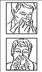 Black and white drawing of a person blowing their nose with a tissue and a