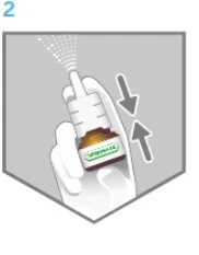 A hand holds a bottle with a dropper and two arrows indicate the downward pressing and upward releasing motion