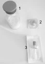 Vial with grey cap labeled 1, small transparent vial labeled 2, and syringe packaged in sterile pouch labeled 3 on a light background