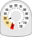 Dial of a measuring device with a numerical scale from 10 to 120 and a black pointer indicating the value 20 within a yellow highlighted section