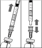 Diagramma medico che mostra l'estrazione del farmaco dalla fiala e il successivo riempimento della siringa con frecce direzionali