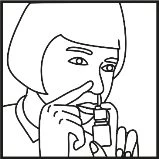 Disegno lineare di una persona con capelli corti che tiene un piccolo flacone con un contagocce vicino al naso per l'instillazione