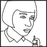 Disegno lineare di una donna con capelli corti che guarda verso il basso mentre tiene in mano una piccola boccetta medica