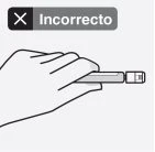 Disegno lineare di una mano che impugna un dispositivo medico a forma di penna con simbolo di errore e la scritta Incorrecto in alto
