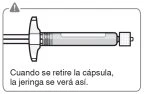 Technical drawing of a horizontal syringe with protective cap on the tip and a warning symbol in the top-left corner
