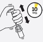 A hand holding a syringe moving it up and down with black arrows next to a timer indicating 10 seconds
