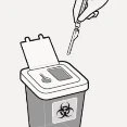 Line drawing of a hand disposing of a used needle into a biohazard waste container with a biohazard symbol on the front