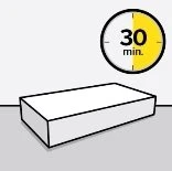 A white 3D rectangle on a gray background and a circle with the text 30 min on a yellow half and an 'l'
