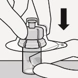 Two hands holding a glass vial while a black arrow indicates downward movement to press the cap onto the flat base