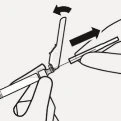 Disegno tecnico che mostra due mani che separano i componenti di un dispositivo medico con frecce nere che indicano il movimento di apertura