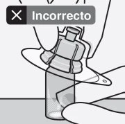 Disegno tecnico in bianco e nero che mostra una mano che tiene un flaconcino di farmaco con una croce bianca su sfondo nero e la scritta Incorrecto