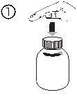 Technical drawing showing a hand inserting a needle into a vial of medication labeled with the number 1 and a downward-pointing arrow