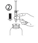 A hand holding a syringe above the open vial, with a black arrow indicating downward movement to draw liquid from the container