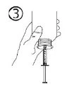 Technical drawing showing a hand holding a cylindrical container while operating a plunger with needle moving downward, labeled with the number 3 at the top