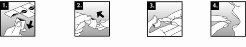 Four numbered illustrations show the steps to open a pouch: removing it, pulling the side flaps, separating the packaging, and opening it fully
