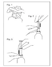 Three numbered diagrams showing hands manipulating a vial and a syringe for drug withdrawal with directional arrows