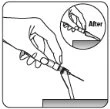 Disegno tecnico di una mano che impugna un dispositivo medico con un cerchio che evidenzia l