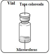 Disegno tecnico di un flaconcino con tappo colorato e contenuto di microsfere bianche sul fondo con etichette descrittive in spagnolo