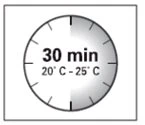 Icona circolare con quadrante diviso che indica un intervallo di tempo di 30 minuti e una temperatura compresa tra 20 e 25 gradi Celsius