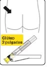Diagramma medico che mostra il gluteo di una persona con freccia nera e autoiniettore posizionato in basso con testo in spagnolo