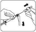 Disegno tecnico che mostra due mani che manovrano una siringa con valvola a tre vie per regolare il flusso del liquido tramite frecce direzionali